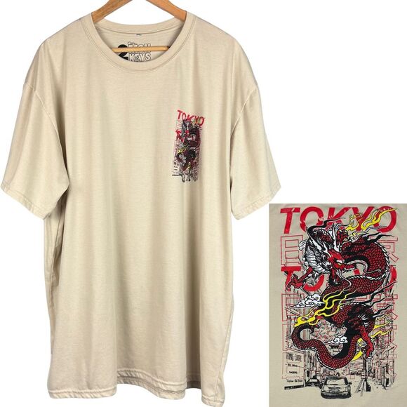 Tokyo 2 Monkeys Men's Shirt Graphic Tee Sz 3XL Beige‎ Japan Dragon Gothic Retro - Picture 1 of 8